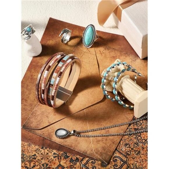 Bohemian Western Jewelry Turquoise Set Women Bohemian Pendant Layered Choker - Picture 4 of 6